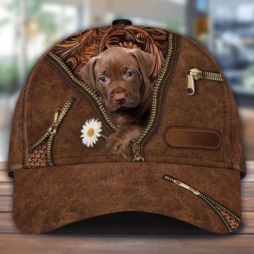 Pitbull 03 Holding Daisy Zipper Leather Print Hat Cap