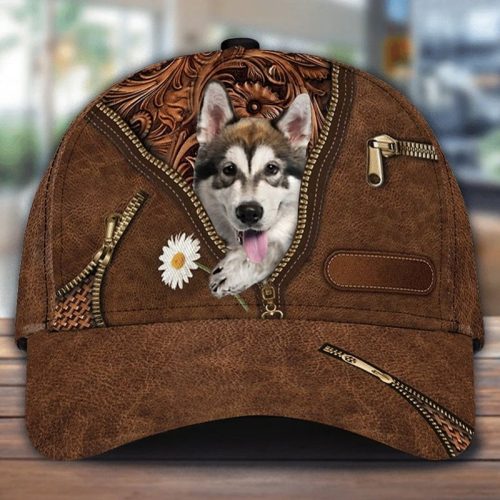 Alaskan Malamute Holding Daisy Zipper Leather Print Hat Cap