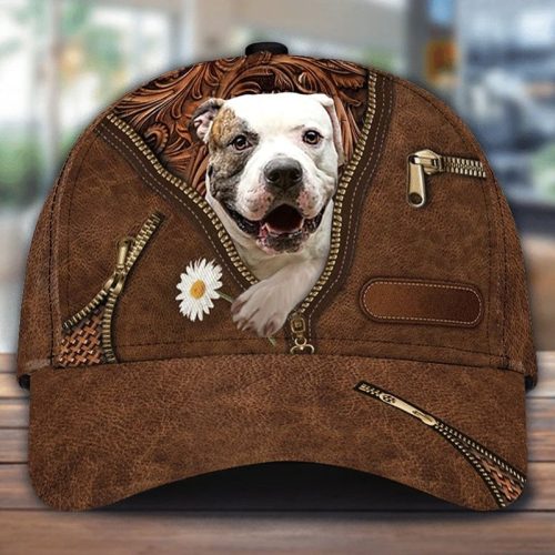 American Bulldog Holding Daisy Zipper Leather Print Hat Cap