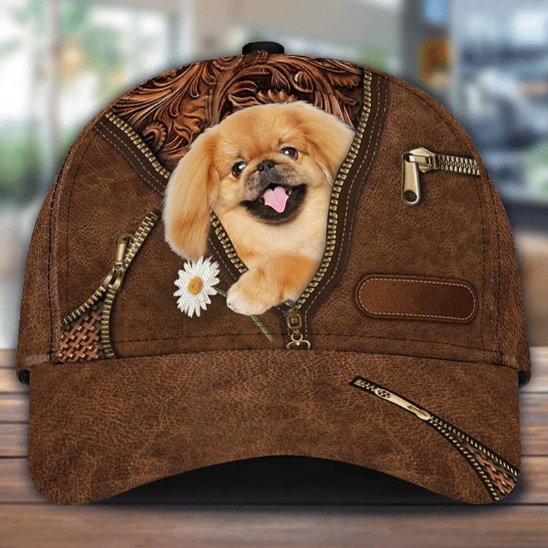 Pekingese Holding Daisy Zipper Leather Print Hat Cap Pekingese Holding Daisy Zipper Leather Print Hat Cap