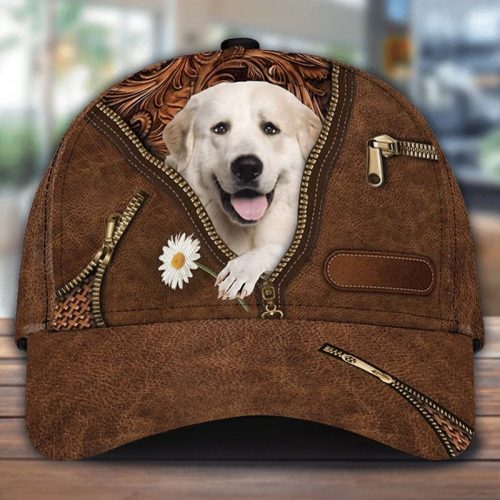 Great Pyrenees Holding Daisy Zipper Leather Print Hat Cap