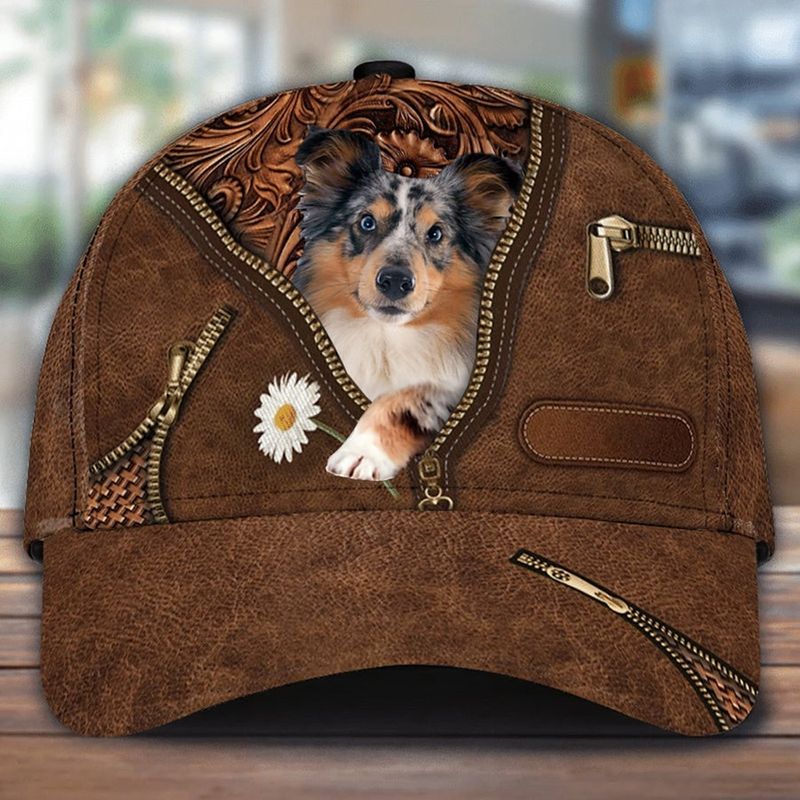 Shetland Sheepdog Holding Daisy Zipper Leather Print Hat Cap