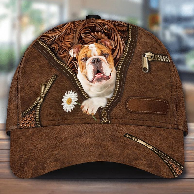 English Bulldog Holding Daisy Zipper Leather Print Hat Cap