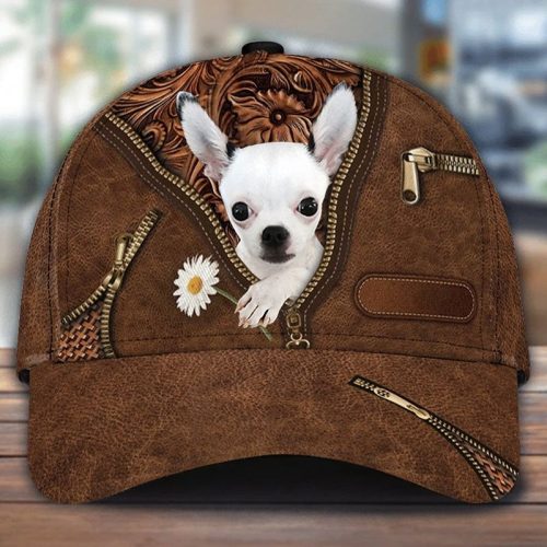 Chihuahua Holding Daisy Zipper Leather Print Hat Cap