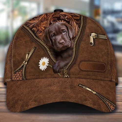 Chocolate Labrador Holding Daisy Zipper Leather Print Hat Cap