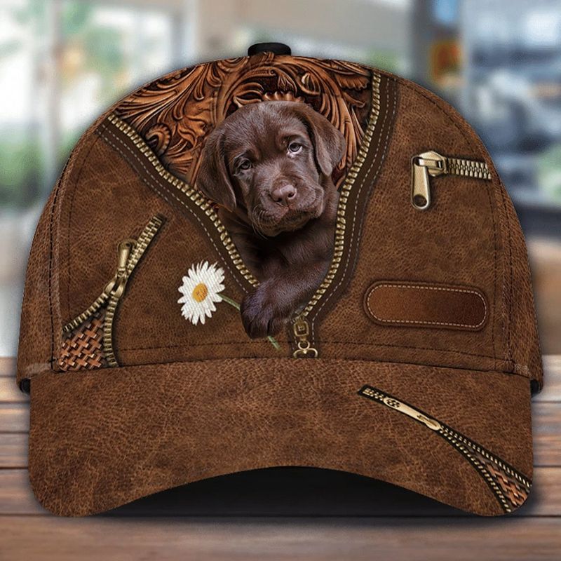 Chocolate Labrador Holding Daisy Zipper Leather Print Hat Cap