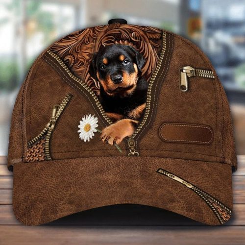 Rottweiler Holding Daisy Zipper Leather Print Hat Cap