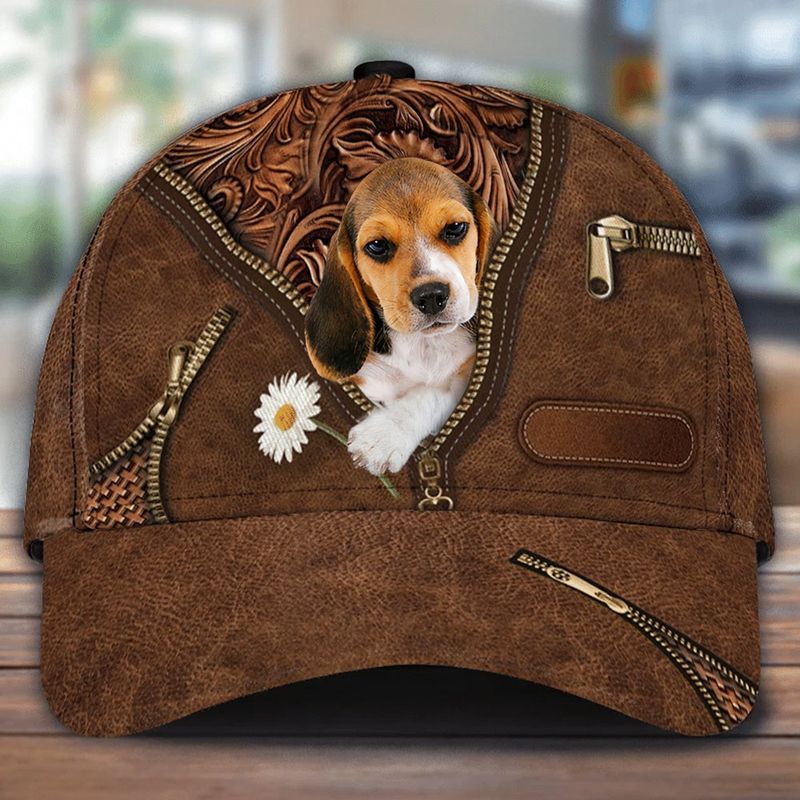 Beagle Holding Daisy Zipper Leather Print Hat Cap