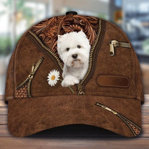 West Highland White Terrier Holding Daisy Zipper Leather Print Hat Cap