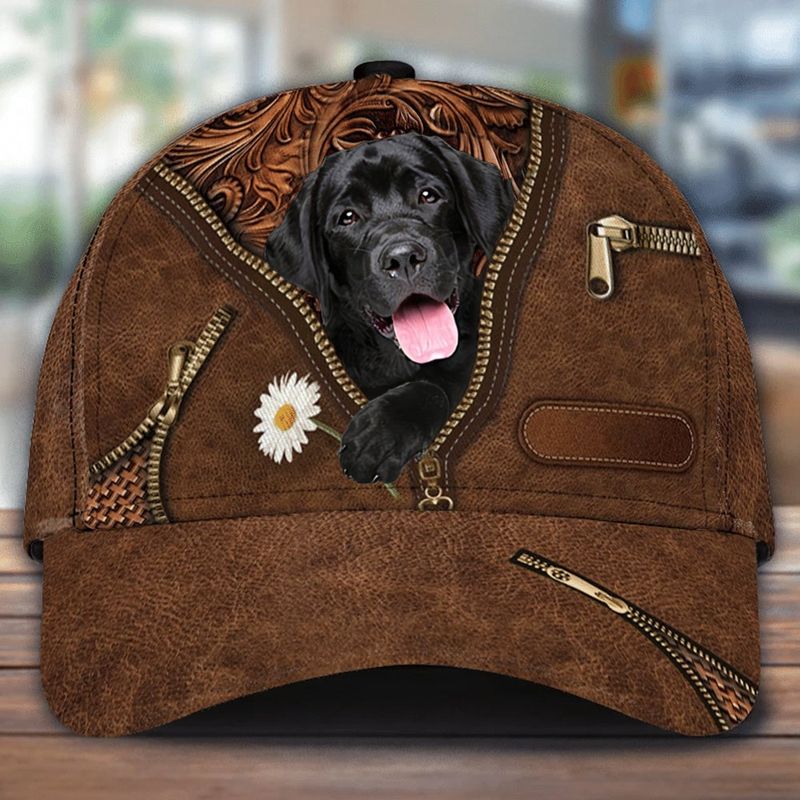 Black Labrador Holding Daisy Zipper Leather Print Hat Cap