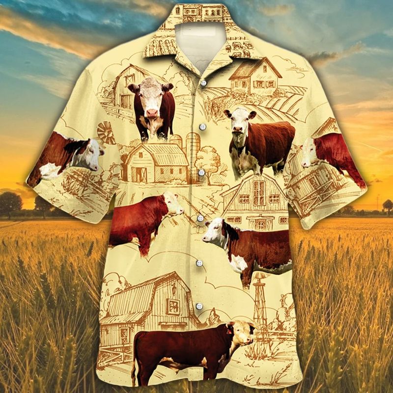 Hereford Cattle Lovers Farm Vintage Hawaiian Shirt