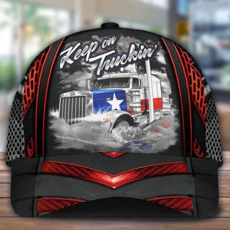 Keep On Truckin Texas Trucker USA Flag Cap Patriotic Truck Driver Hat Texan Trucker Gift