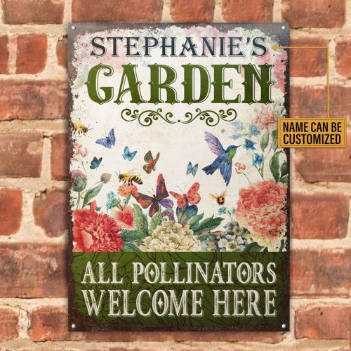 Personalized Garden All Pollinators Welcome Here Metal Signs