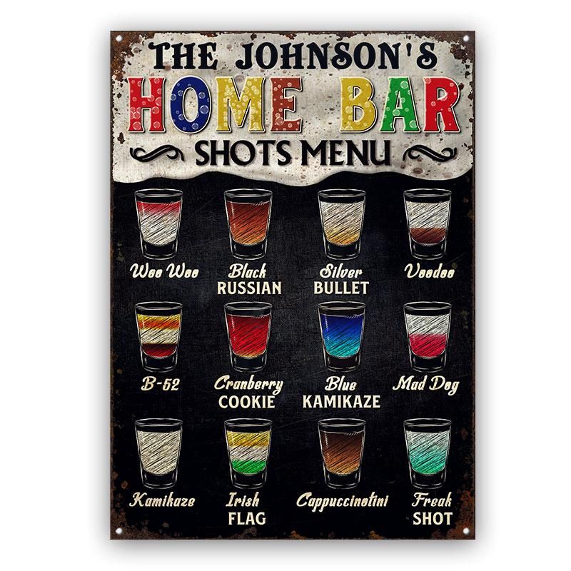 Personalized Shots Menu For Home Bar Metal Signs