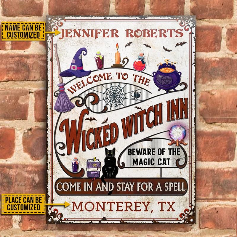 Personalized Witch Inn Black Cat Stay For A Spell Classic Metal Signs