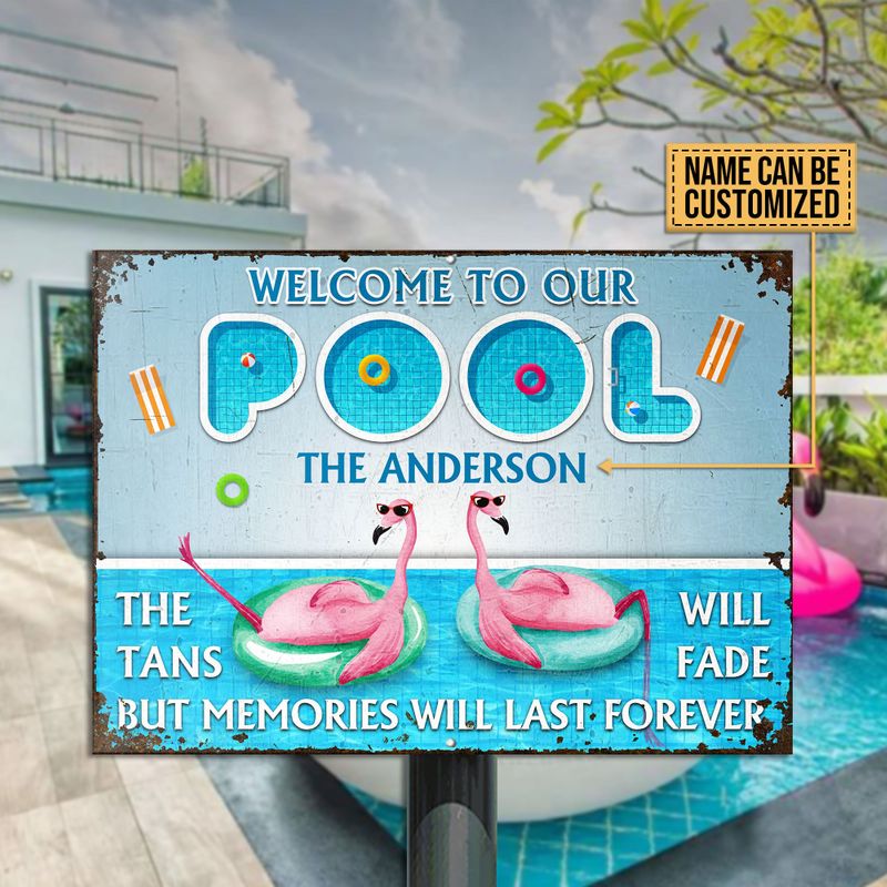 Personalized Flamingo Welcome To Our Pool Metal Signs