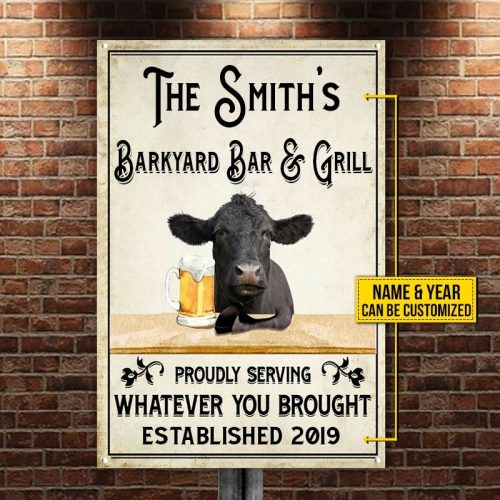 Personalized Black Angus Cattle Proudly Serving Whatever You Brought Metal Sign