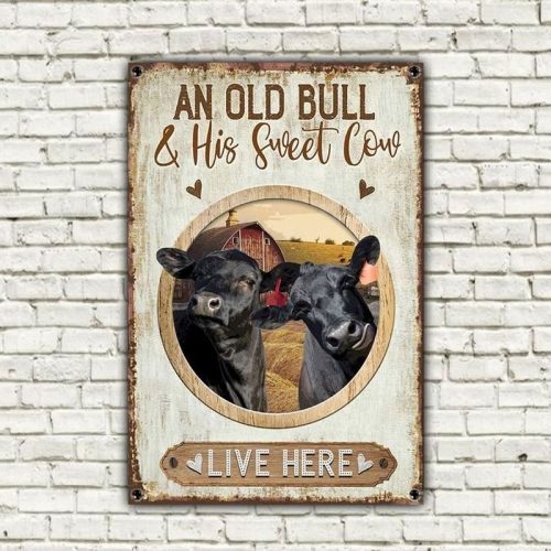 Black Angus Cattle Old Bull And Sweet Cow Live Here Metal Sign