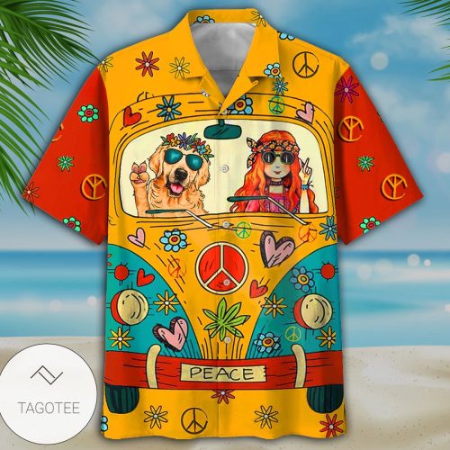 Golden Retriever And Girl Hippie Peace Colorful Hawaiian Shirt - Hawaiian Shirt And Short