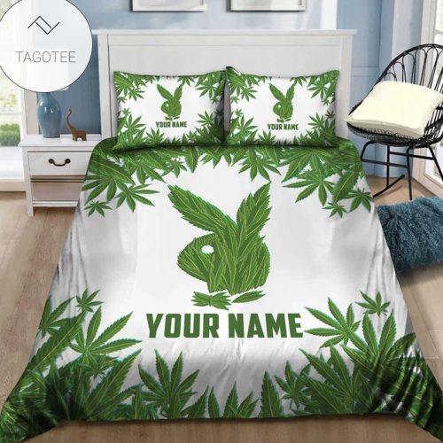 Personalized Playboy Logo With Green Leaves Bedding Set - Bedding Set