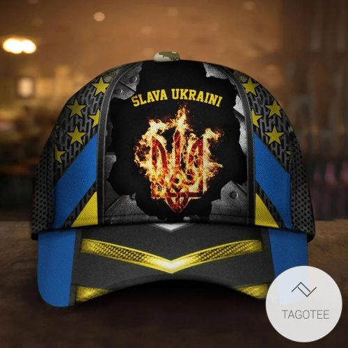 Slava Ukraini Trident Ukrainian Symbol And Yellow Stars Cap  - 3D Cap