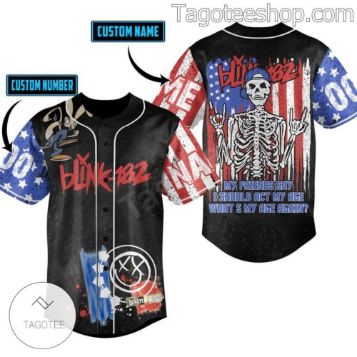 Blink-182 Skeleton My Friends Say I Should Act My Age What's My Age Again American Flag Personalized Baseball Button Down Shirts