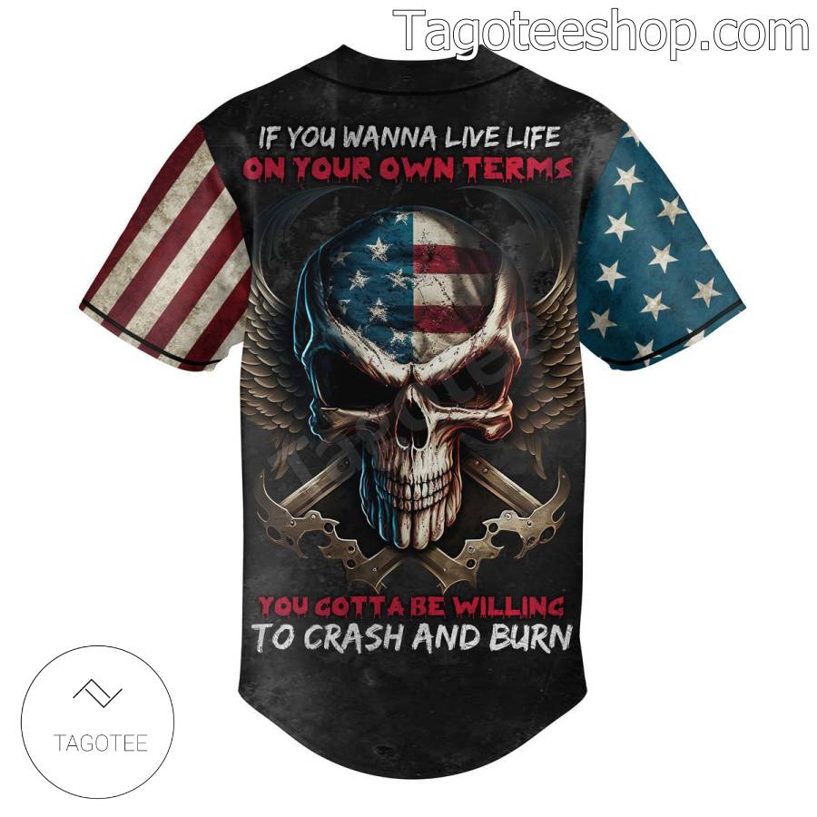 Motley Crue If You Wanna Live Life On Your Own Terms Skull American Flag Personalized Baseball Button Down Shirts b