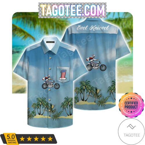 Evel Knievel Riding Motorcycle Palm Tree Blue Aloha Hawaii Shirt m4SQ8Jk